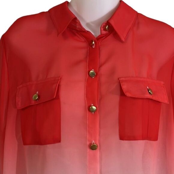 HALO Women's Ombré Dip Dye Button Tab Sleeve Sheer Blouse in Coral Size Medium - Picture 6 of 12